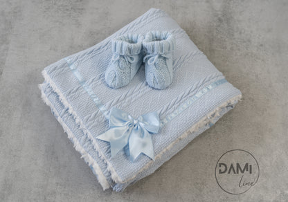 Personalised light blue baby knitted blanket and blue knitted booties gift set