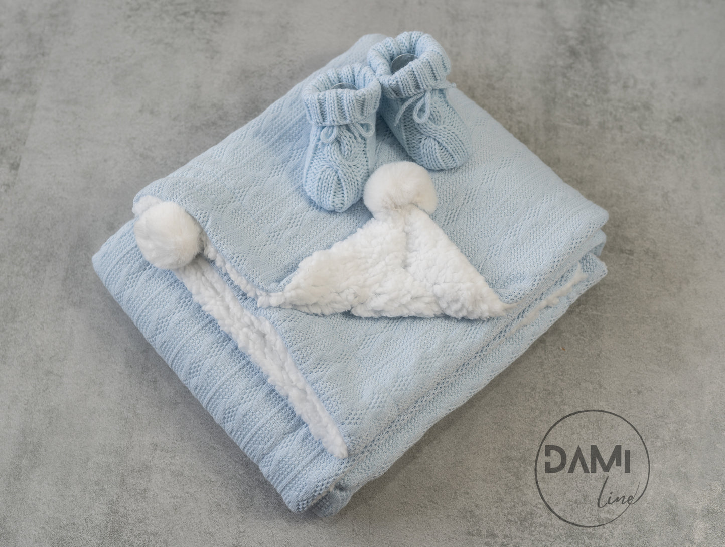 Personalised light blue baby knitted blanket and blue knitted booties gift set