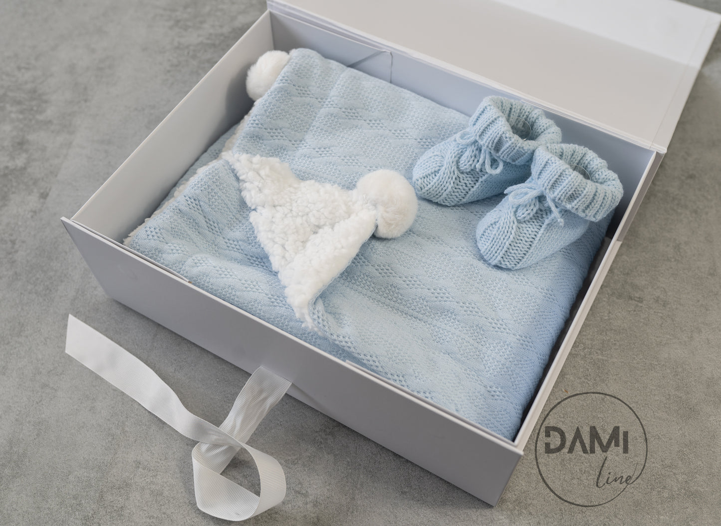 Personalised light blue baby knitted blanket and blue knitted booties gift set