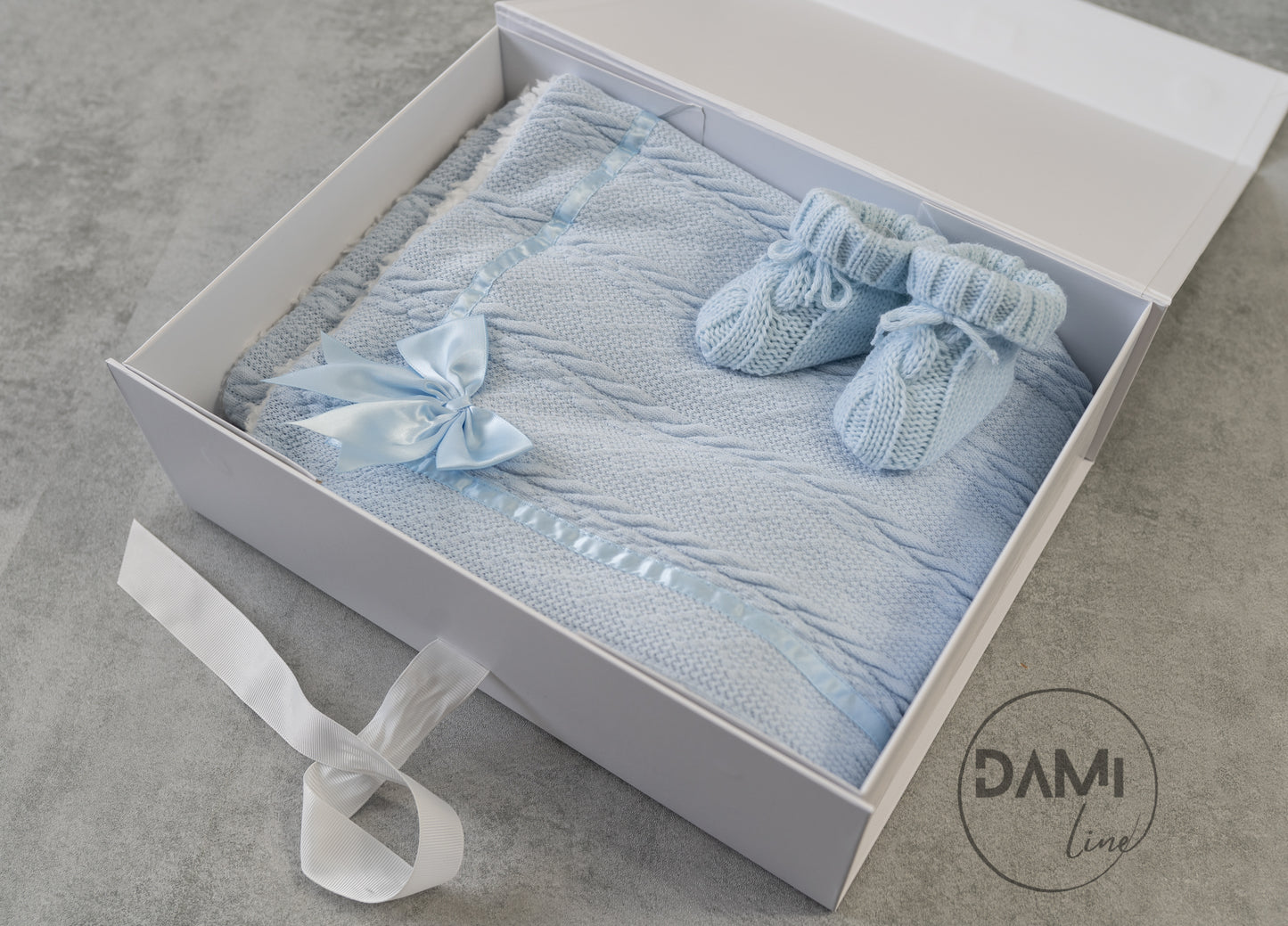 Personalised light blue baby knitted blanket and blue knitted booties gift set