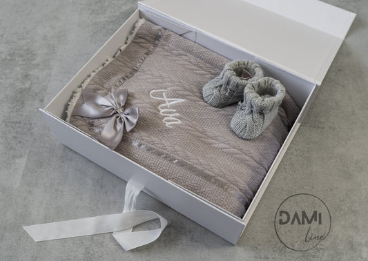 Personalised grey baby knitted blanket and grey knitted booties gift set