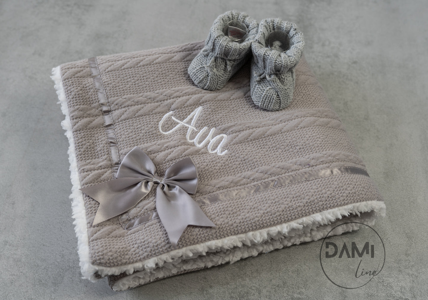 Personalised grey baby knitted blanket and grey knitted booties gift set