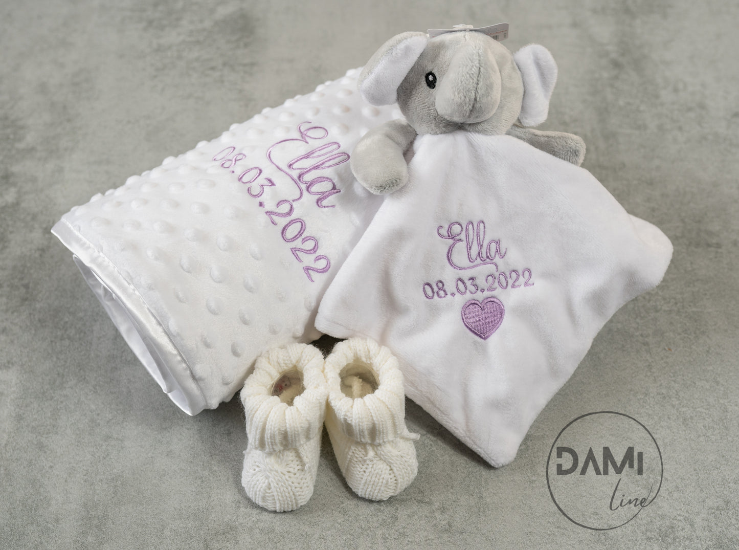 Personalised white baby blanket, elephant comforter and white booties gift set for baby girl or boy | Baby gift set in box