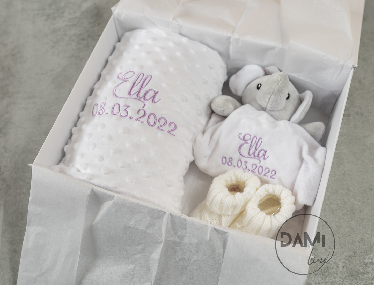 Personalised white baby blanket, elephant comforter and white booties gift set for baby girl or boy | Baby gift set in box