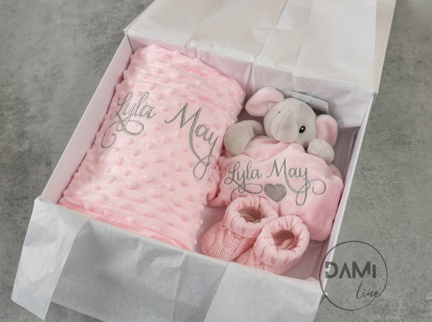 Personalised pink baby blanket, elephant comforter and pink booties gift set for baby girl | Baby gift set in box