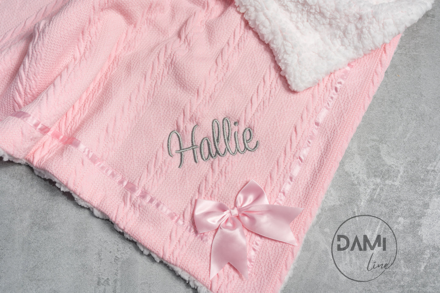 Personalised soft knitted PINK baby girl blanket with sherpa lining