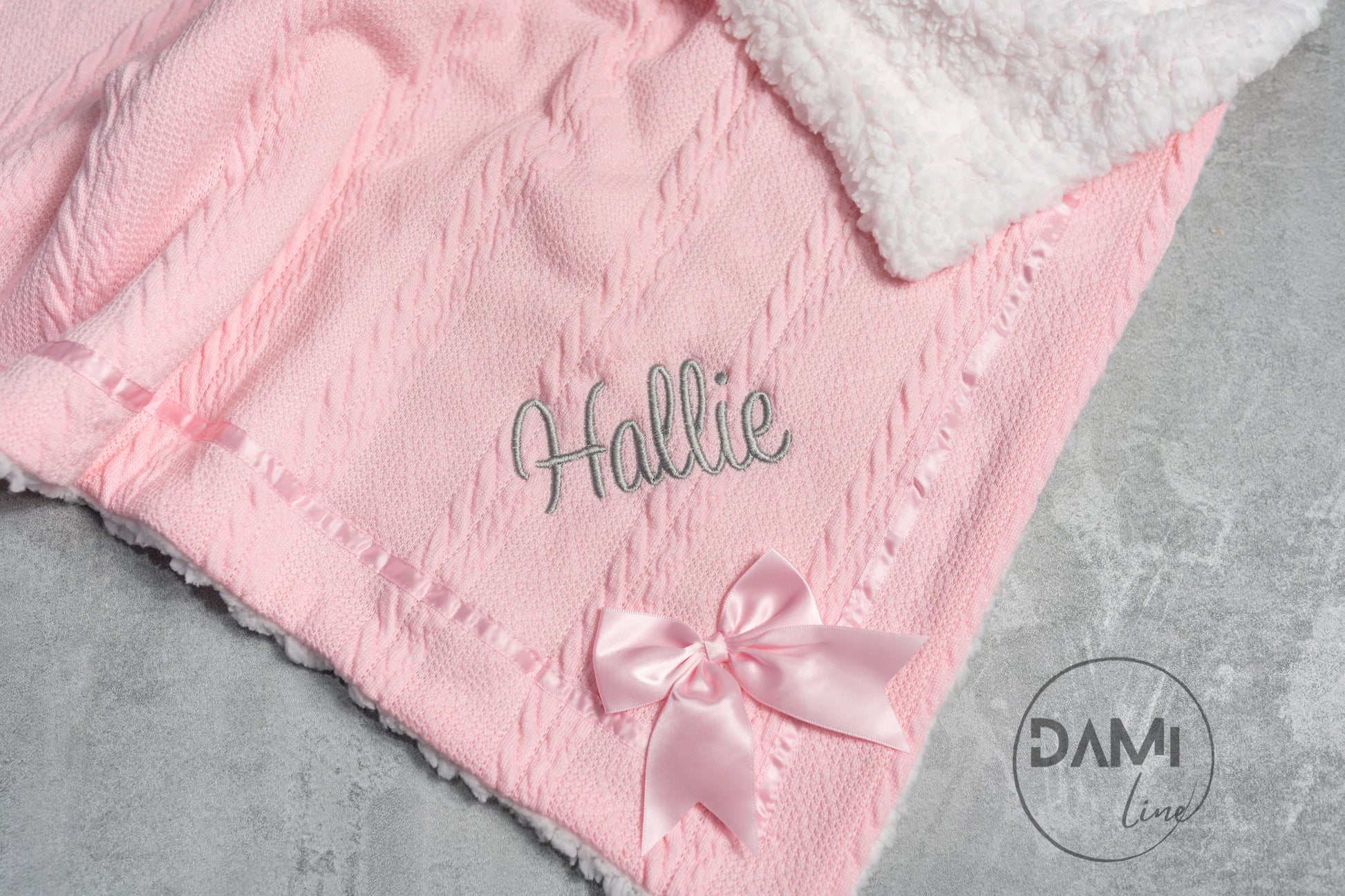 Personalised soft knitted PINK baby girl blanket with sherpa
