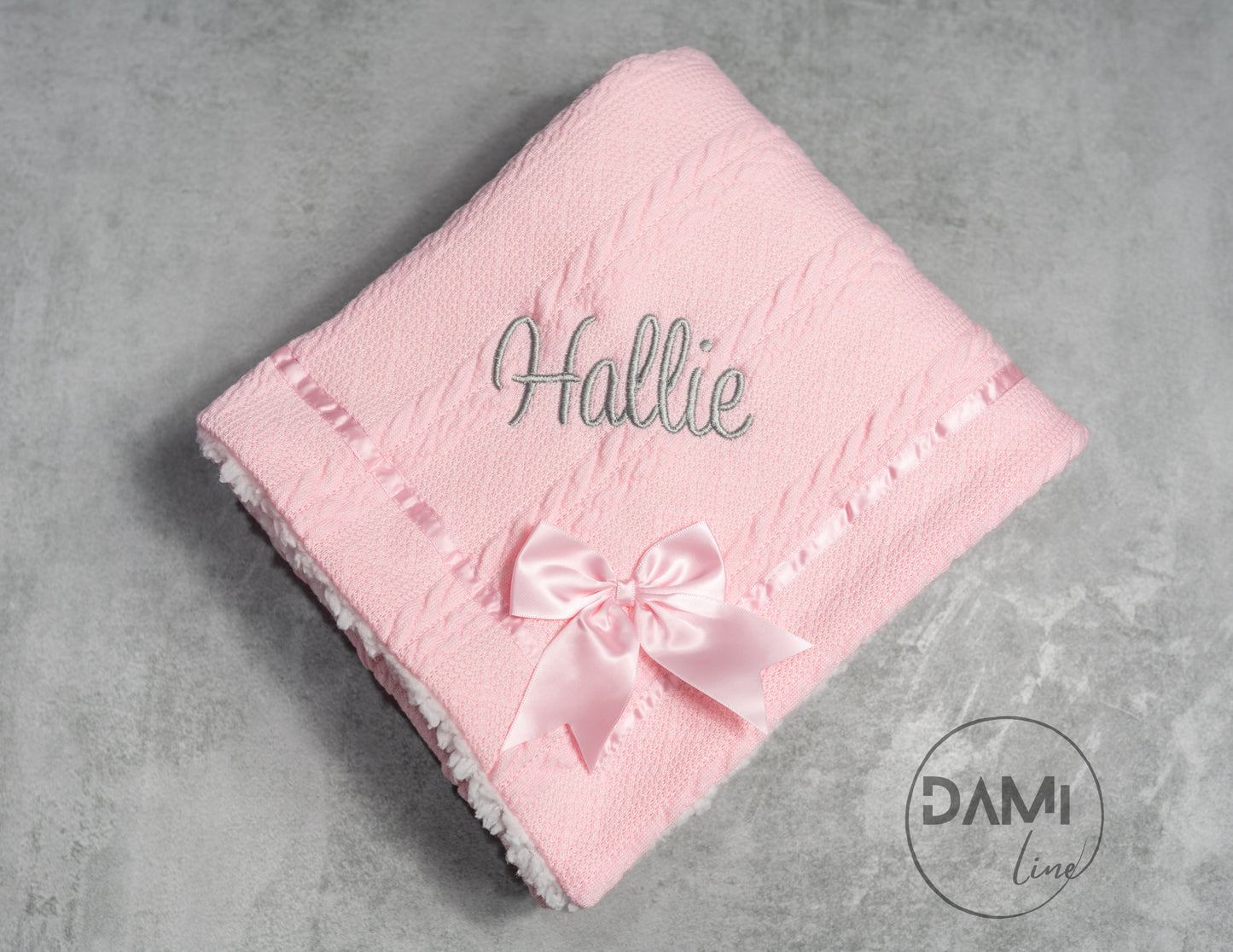 Personalised soft knitted PINK baby girl blanket with sherpa lining