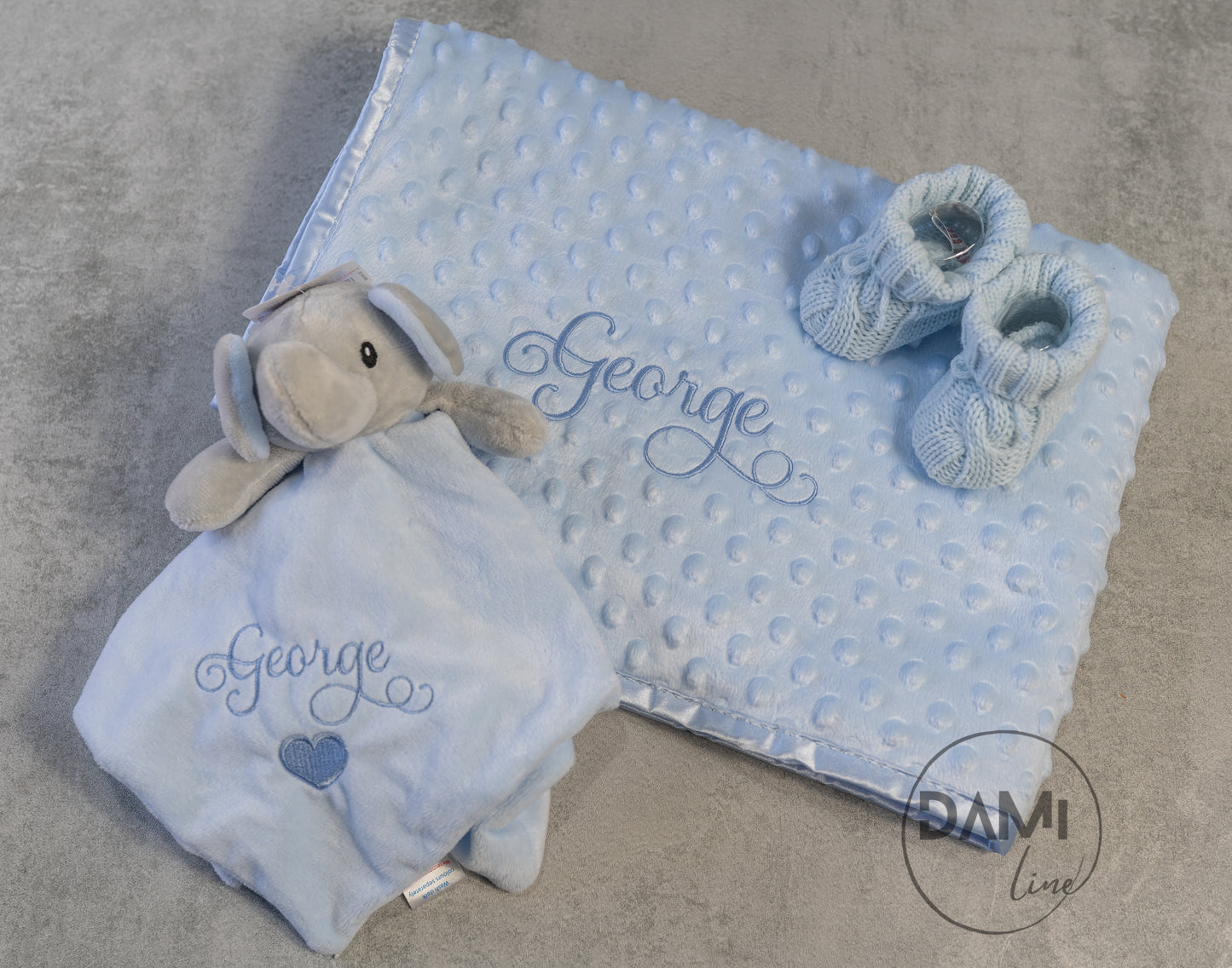 Personalised blue baby blanket, elephant comforter and knitted booties gift set for boy