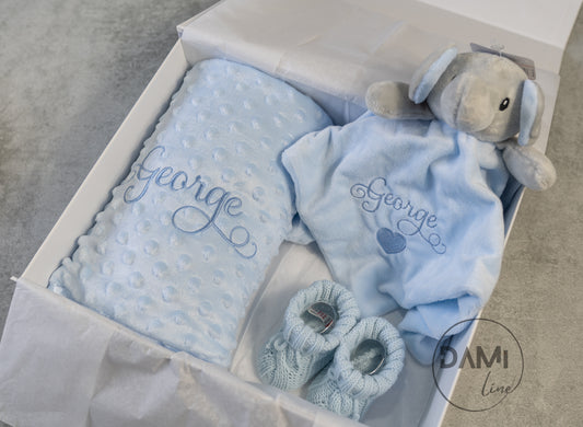 Personalised blue baby blanket, elephant comforter and knitted booties gift set for boy