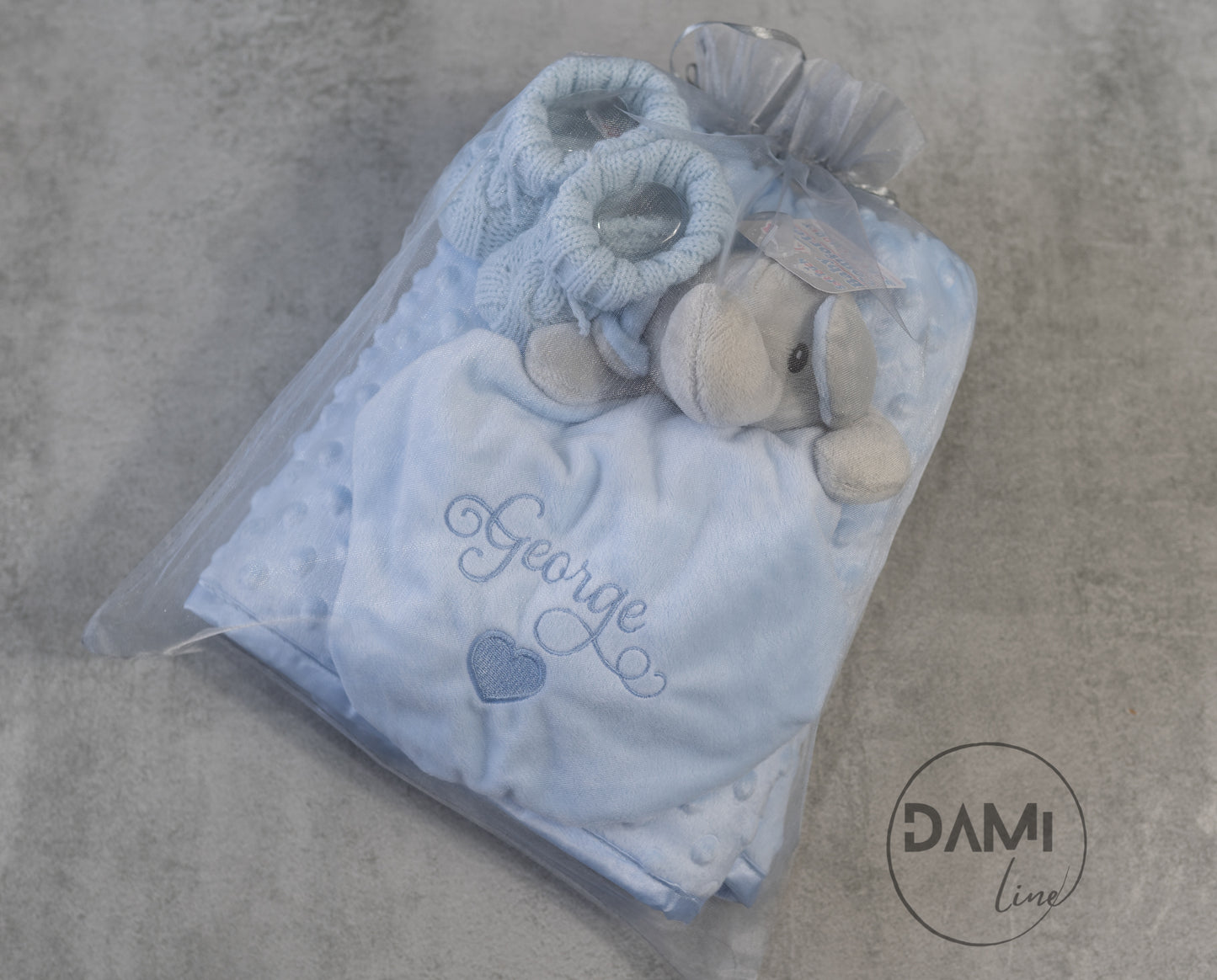 Personalised blue baby blanket, elephant comforter and knitted booties gift set for boy