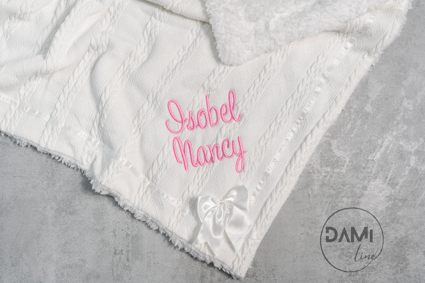 Personalised soft knitted WHITE baby girl blanket with sherpa lining