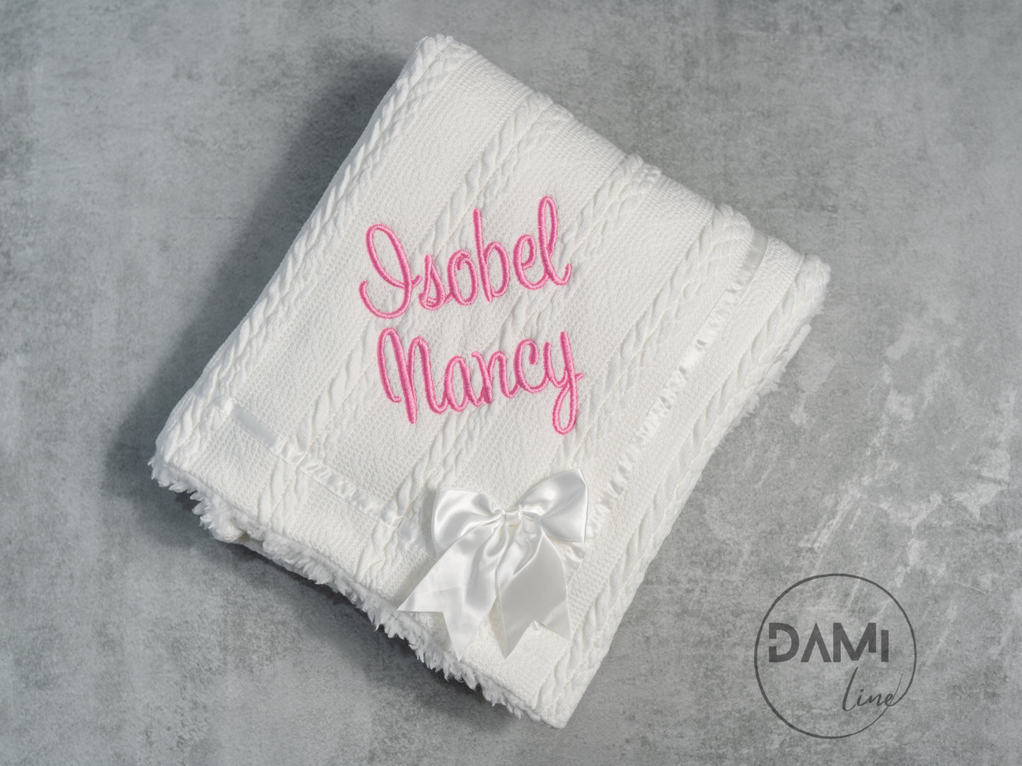 Personalised soft knitted WHITE baby girl blanket with sherpa lining