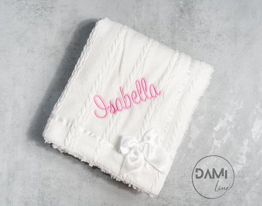 Personalised soft knitted WHITE baby girl blanket with sherpa lining