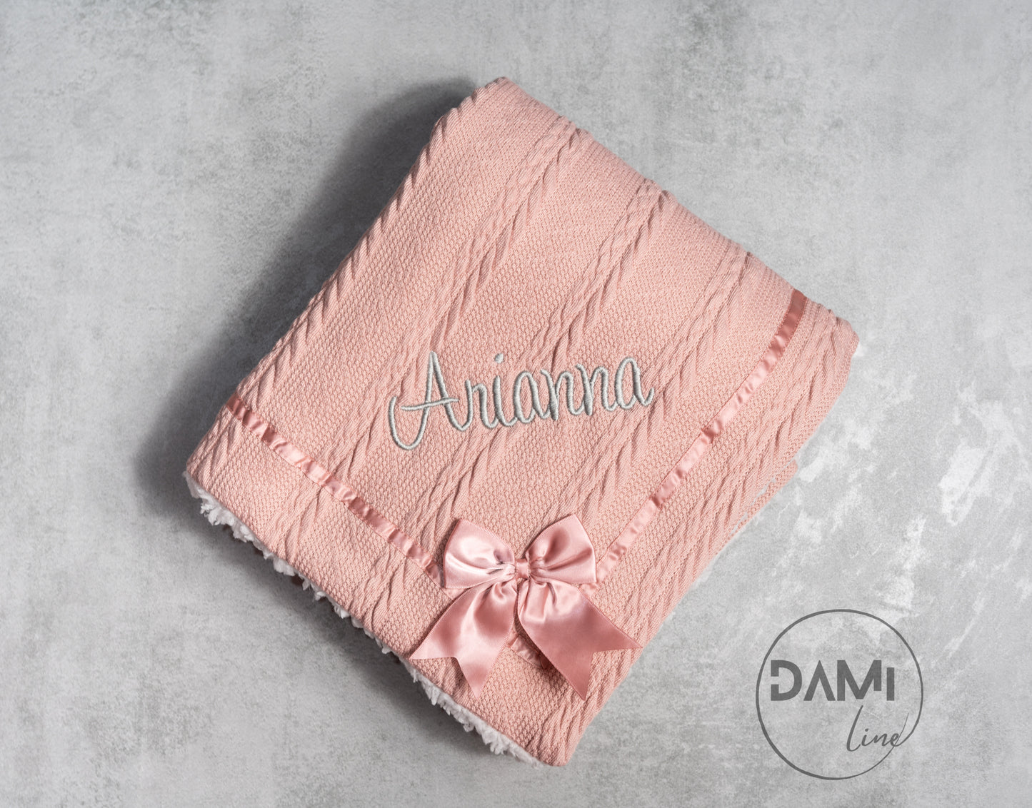 Personalised soft knitted ROSE GOLD baby girl blanket with sherpa lining