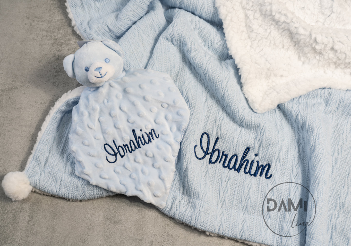 Personalised blue baby knitted blanket and bear comforter gift set