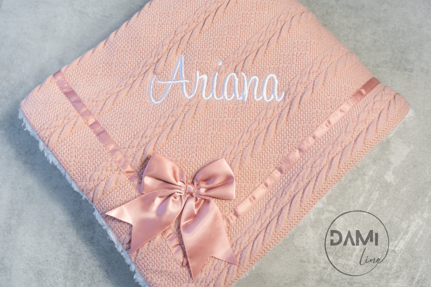 Personalised soft knitted ROSE GOLD baby girl blanket with sherpa lining