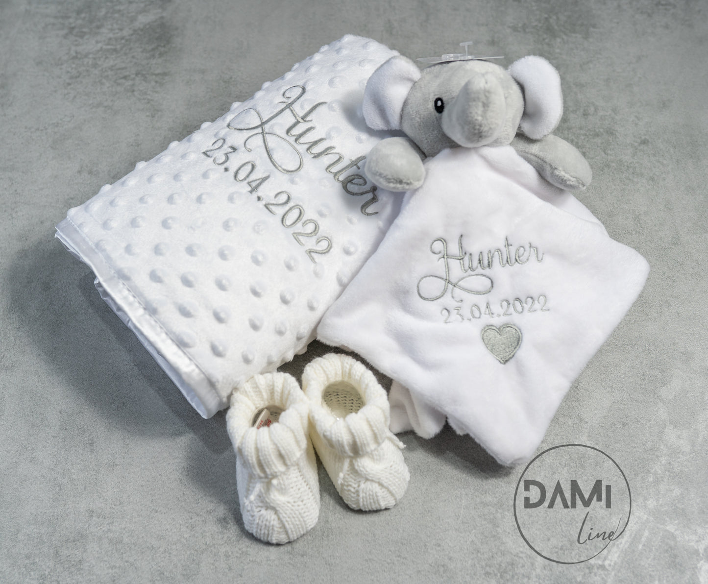 Personalised white baby blanket, elephant comforter and white booties gift set for baby girl or boy | Baby gift set in box