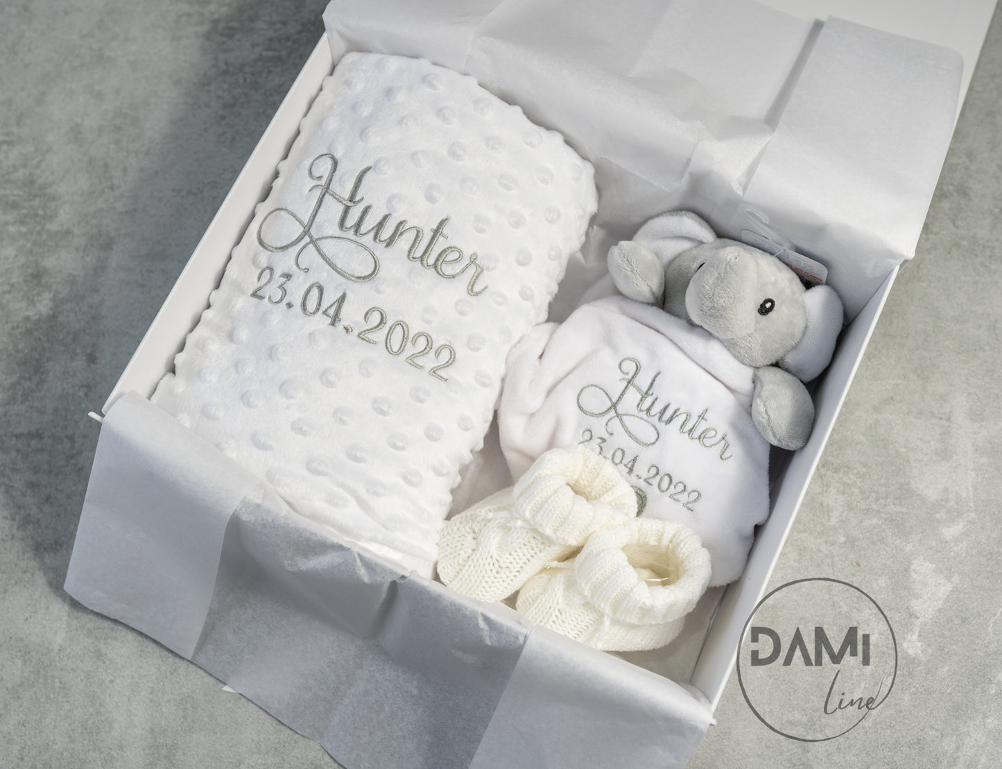 Personalised white baby blanket, elephant comforter and white booties gift set for baby girl or boy | Baby gift set in box