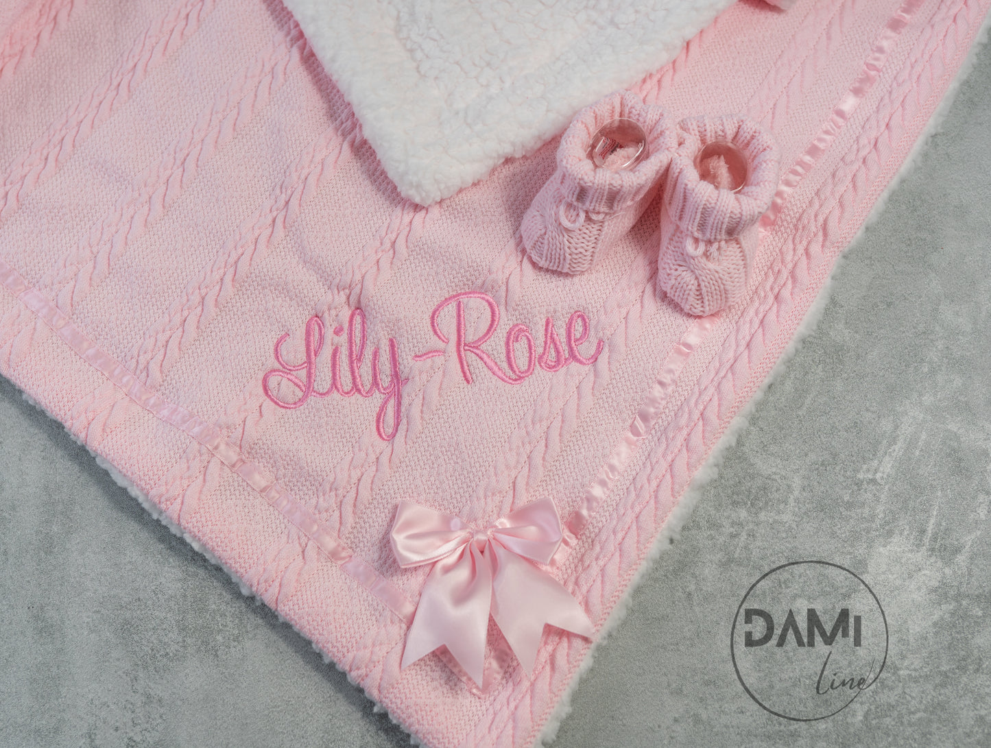 Personalised pink baby knitted blanket and pink knitted booties gift set