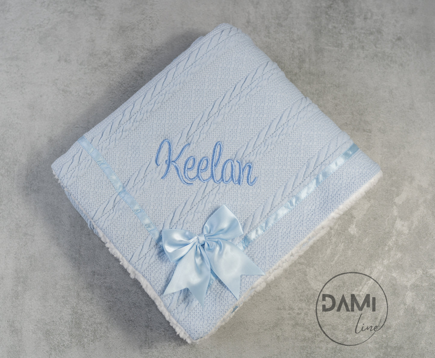 Personalised LIGHT BLUE baby knitted blanket with bow