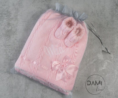 Personalised pink baby knitted blanket and pink knitted booties gift set