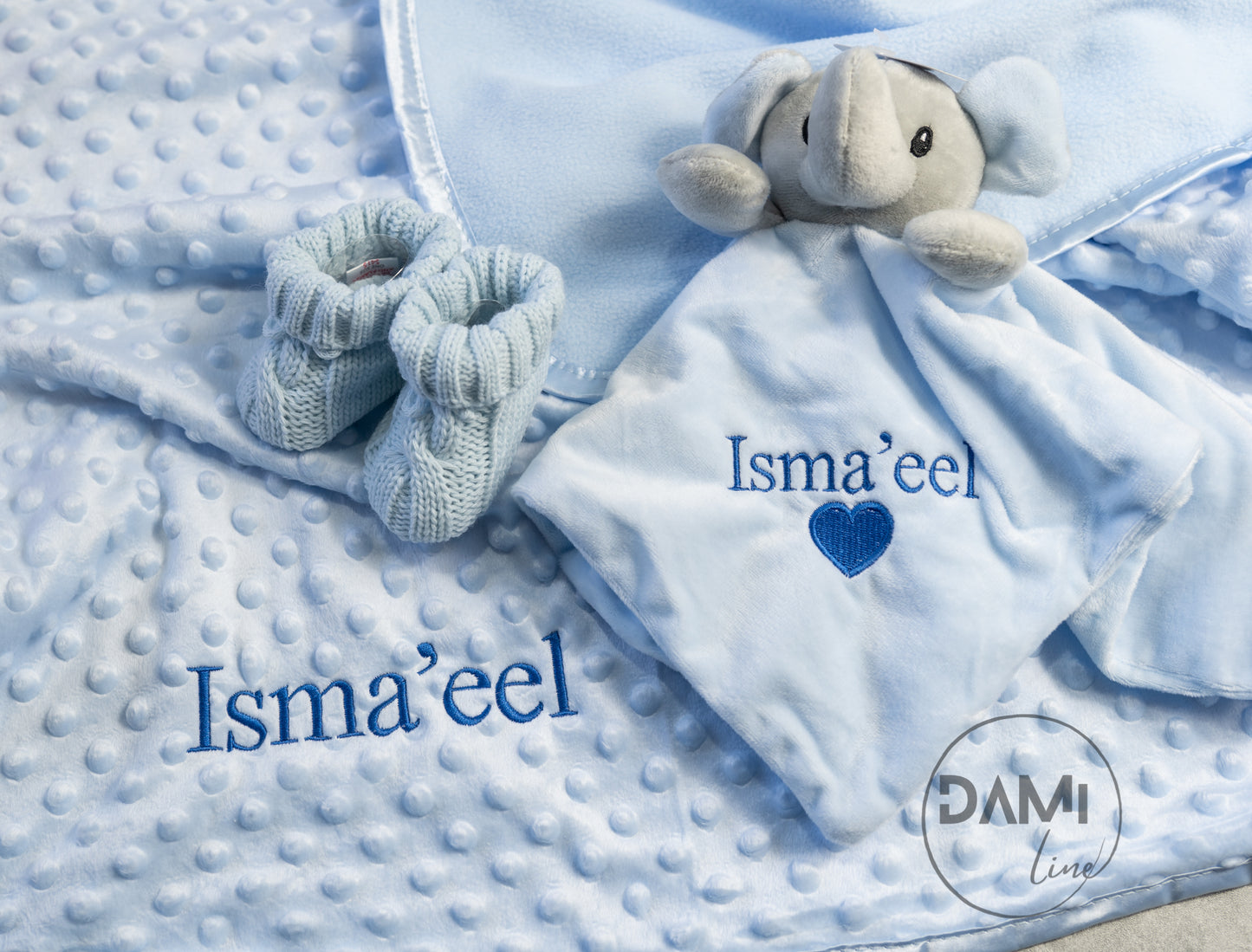 Personalised blue baby blanket, elephant comforter and knitted booties gift set for boy