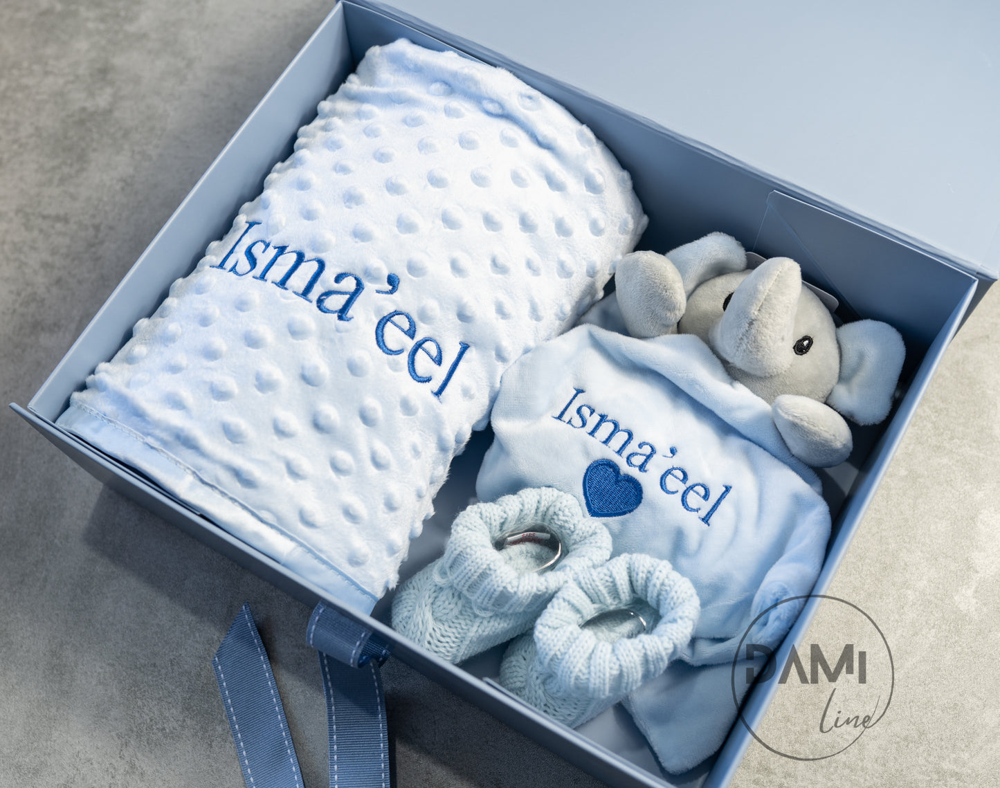 Personalised blue baby blanket, elephant comforter and knitted booties gift set for boy