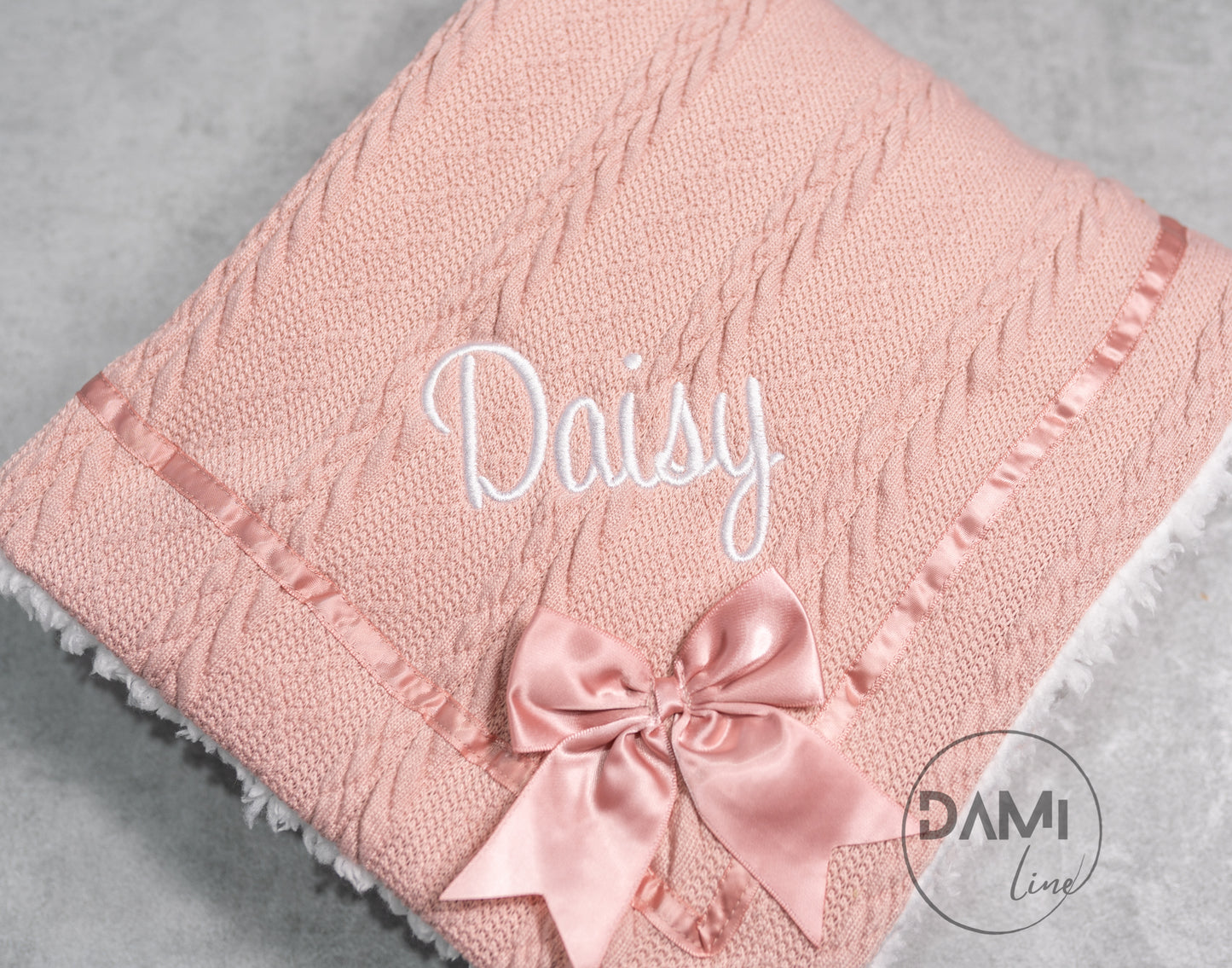 Personalised soft knitted ROSE GOLD baby girl blanket with sherpa lining