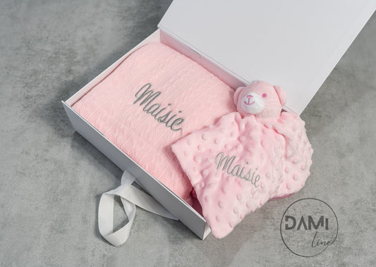 Personalised pink baby knitted blanket and bear comforter gift set | Baby girl pink gift set in box