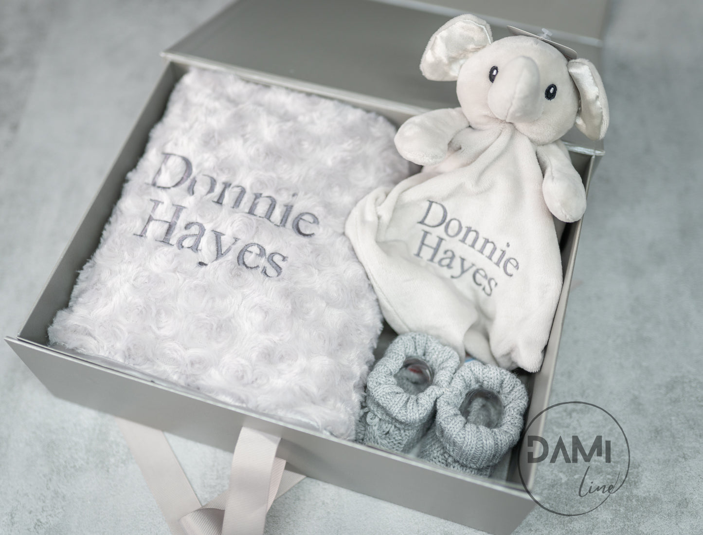 Personalised grey baby blanket, elephant comforter and grey booties gift set for a baby