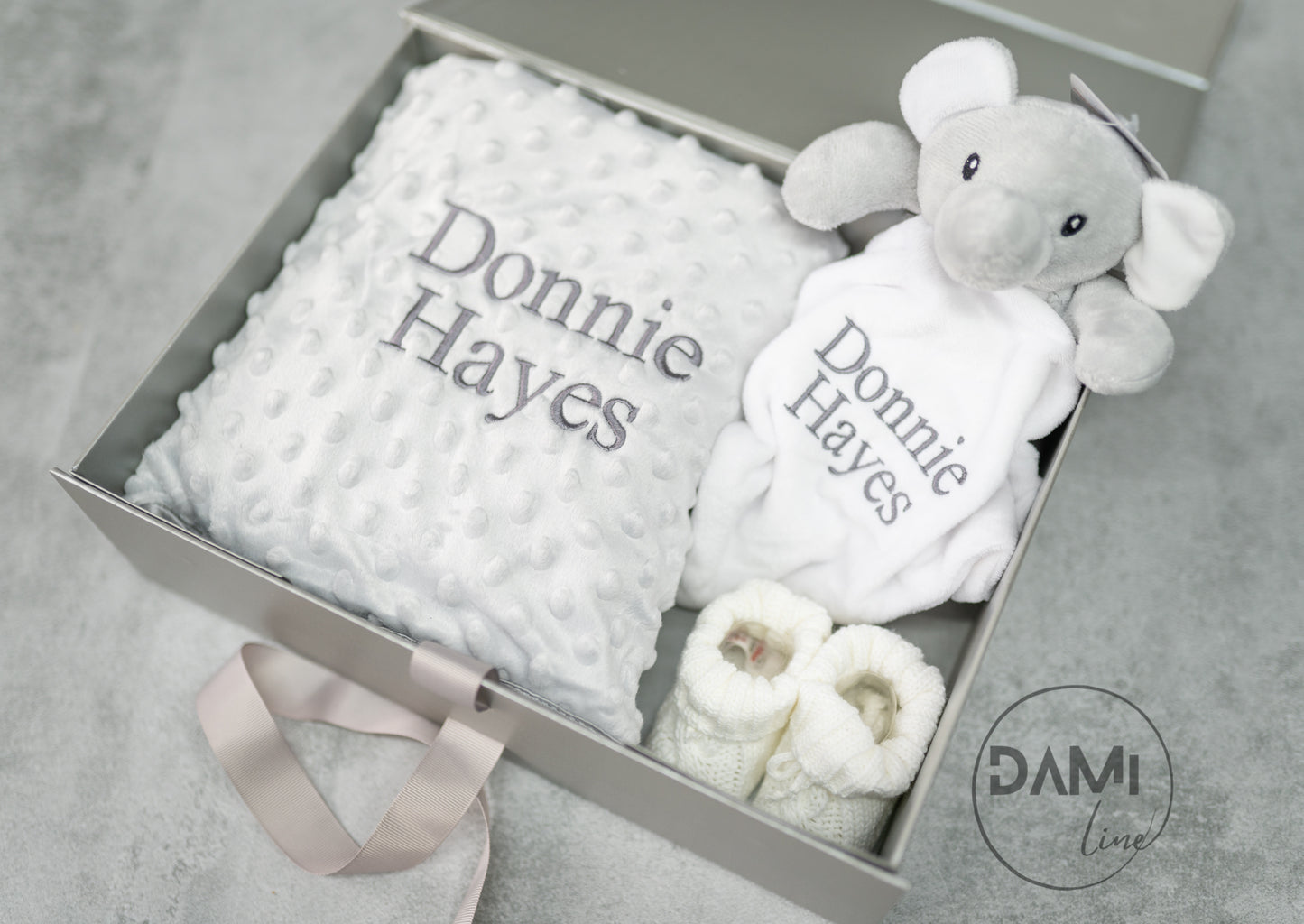 Personalised grey baby blanket, white elephant comforter and white booties gift set for a baby