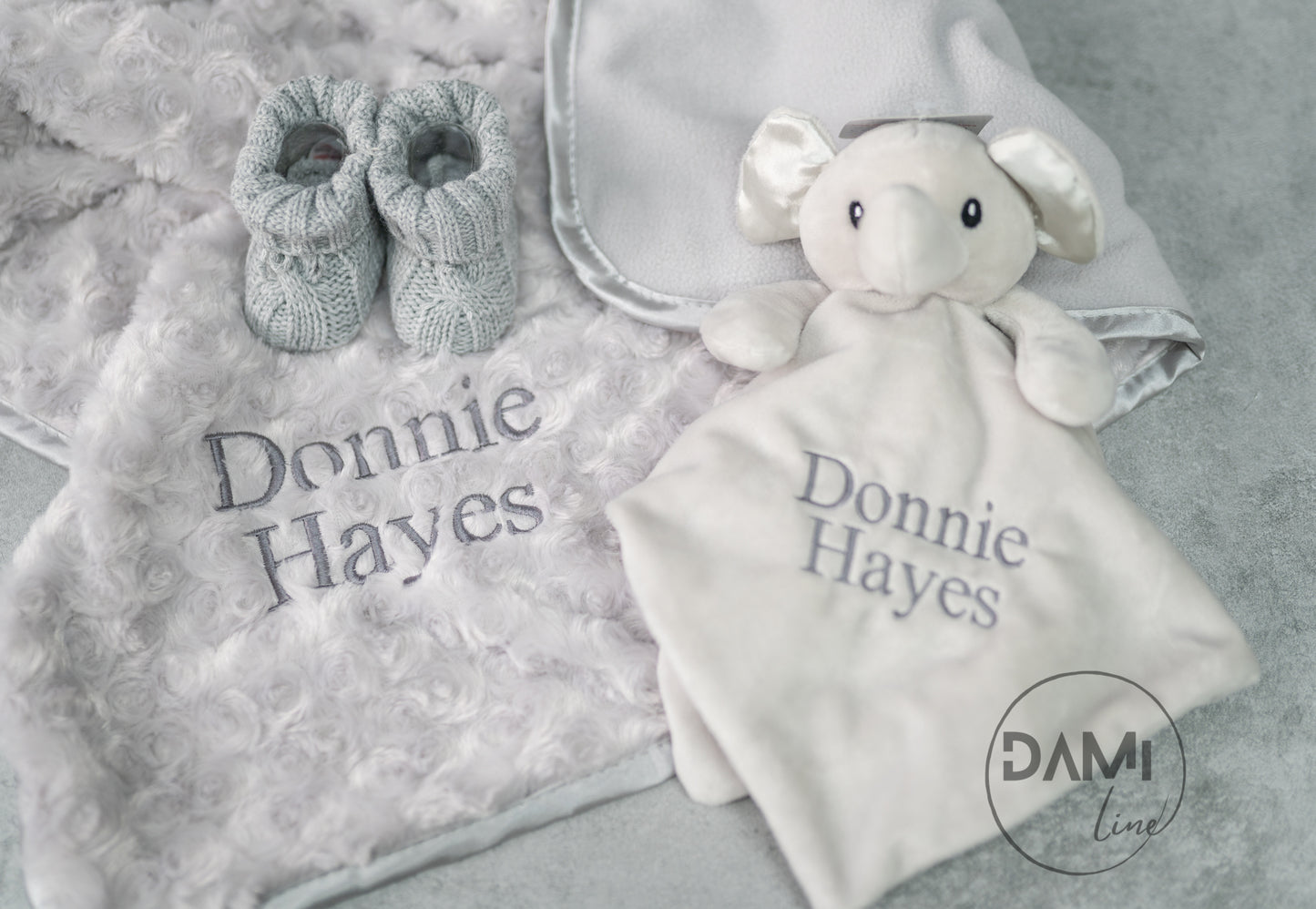 Personalised grey baby blanket, elephant comforter and grey booties gift set for a baby