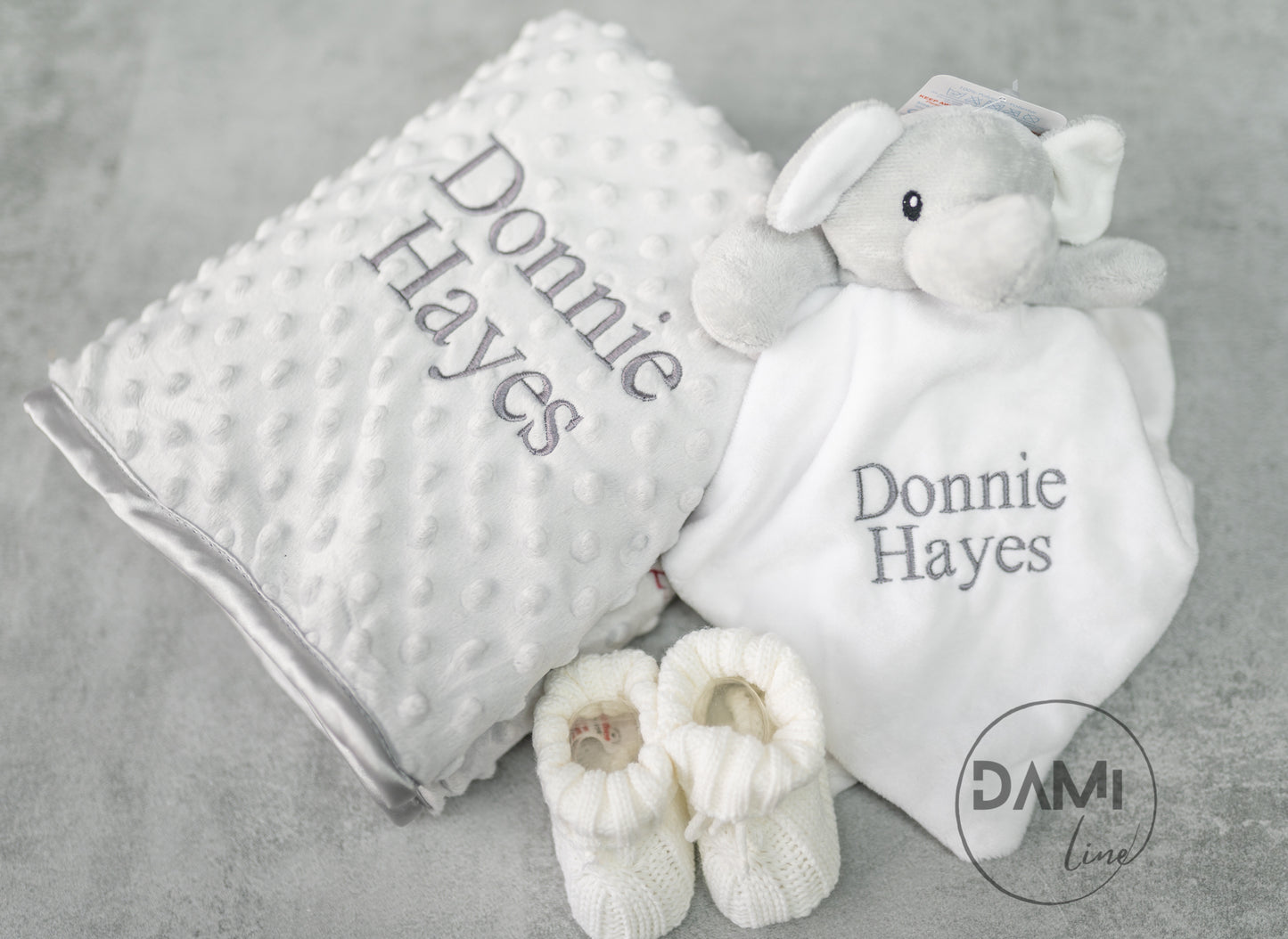 Personalised grey baby blanket, white elephant comforter and white booties gift set for a baby